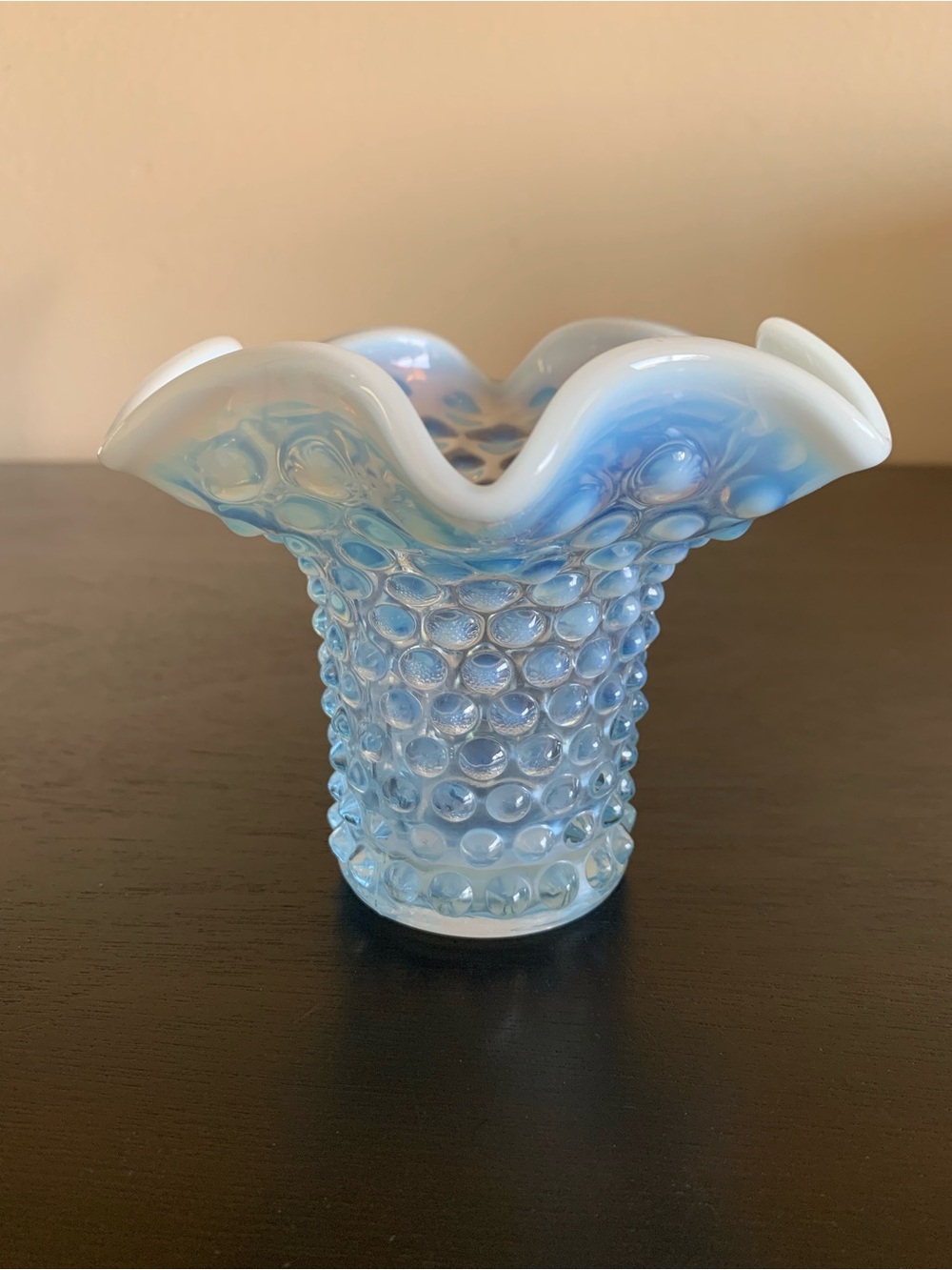 Duncan & Miller (Fenton Like) Light Blue Opalescent Hobnail Ruffled Edge Vase